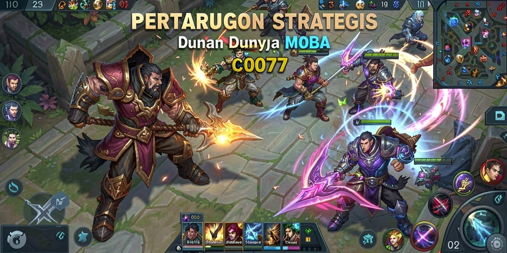 Tangkapan layar C0077 menunjukkan aksi seru dalam permainan MOBA.
