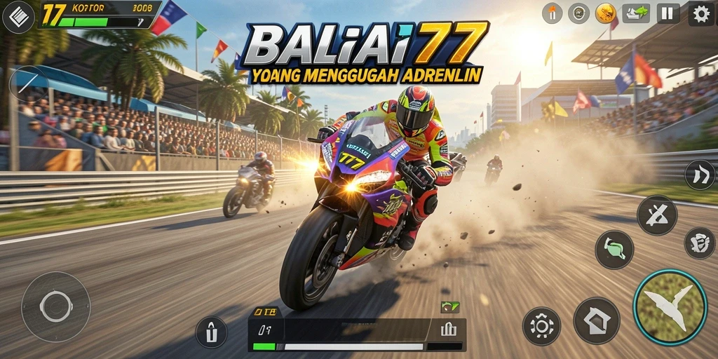 Screenshot gameplay KOPI77 yang menunjukkan aksi balapan motor yang intens.