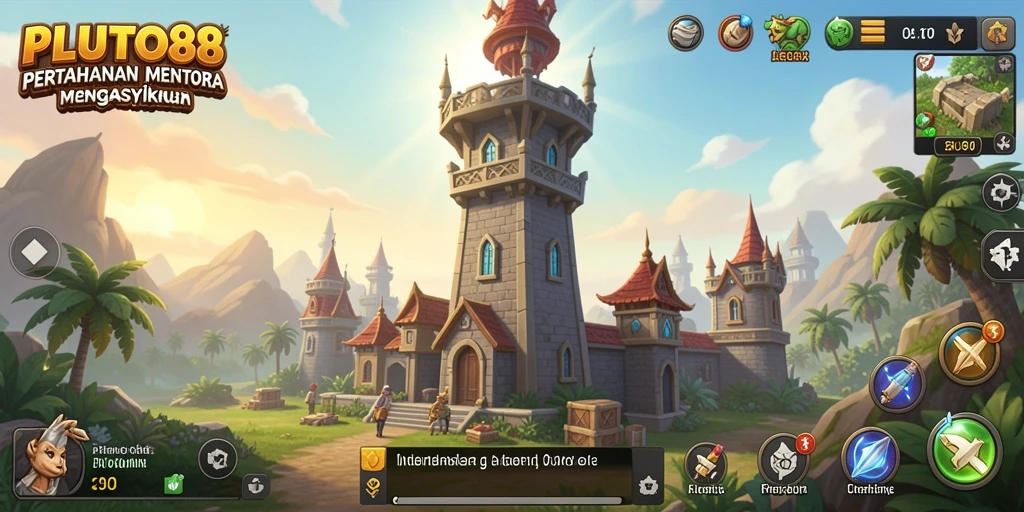 Tampilan gameplay menegangkan dalam permainan Tower Defense PLUTO88.