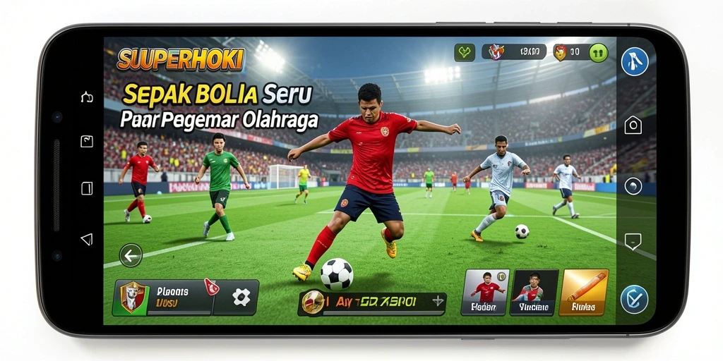 Screenshot utama SUPERHOKI menampilkan aksi mendebarkan di lapangan sepak bola.