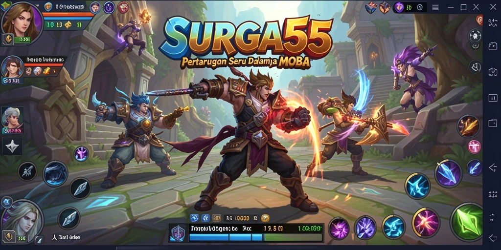 Screenshot utama SURGA55 menampilkan aksi seru dalam pertandingan MOBA.