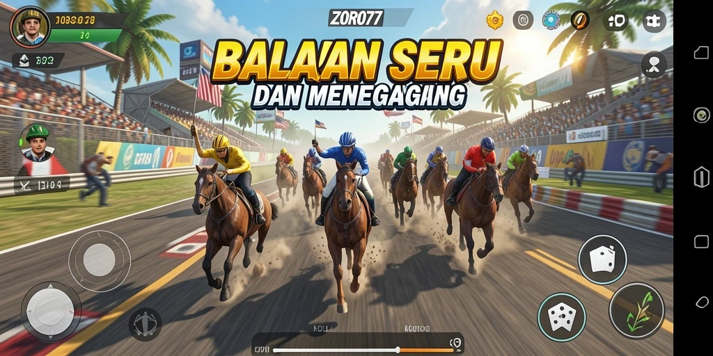 Screenshot gameplay ZORO77 yang menampilkan aksi balapan seru di lintasan.